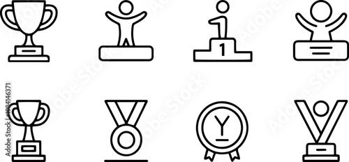 Achievement and Award Icons Set with Trophy, Medal, Winner Podium and Victory Symbols in Minimal Outline Vector Style