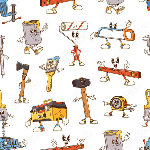 Groovy construction and repair tools seamless pattern. Cartoon vector hammer, saw, roller, brush and level, clamps and toolbox characters with expressive faces across the repeating tile background