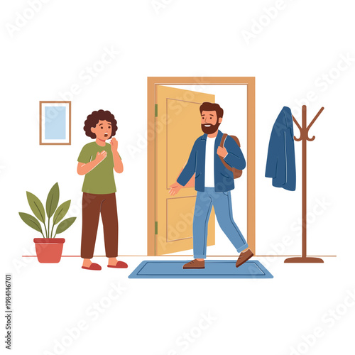 Man entering home with backpack while woman brushes teeth nearby