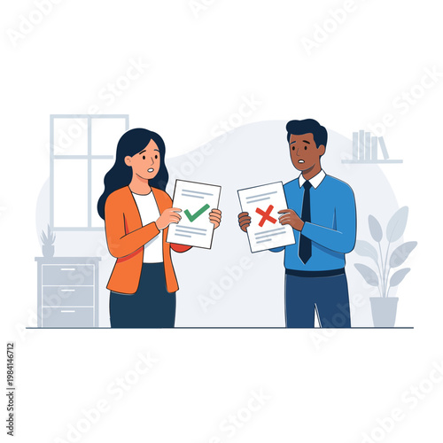 Two colleagues in an office compare documents with checkmark and cross.