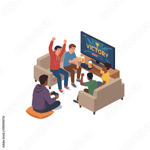 Friends celebrate a gaming victory together on a couch
