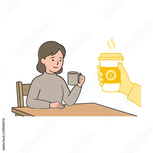 Woman sitting at table receiving hot beverage from someone's hand
