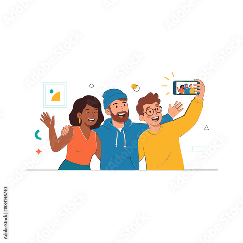 Three friends taking a selfie together with joyful expressions outdoors