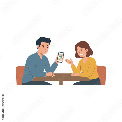 Man and woman sitting at table discussing smartphone