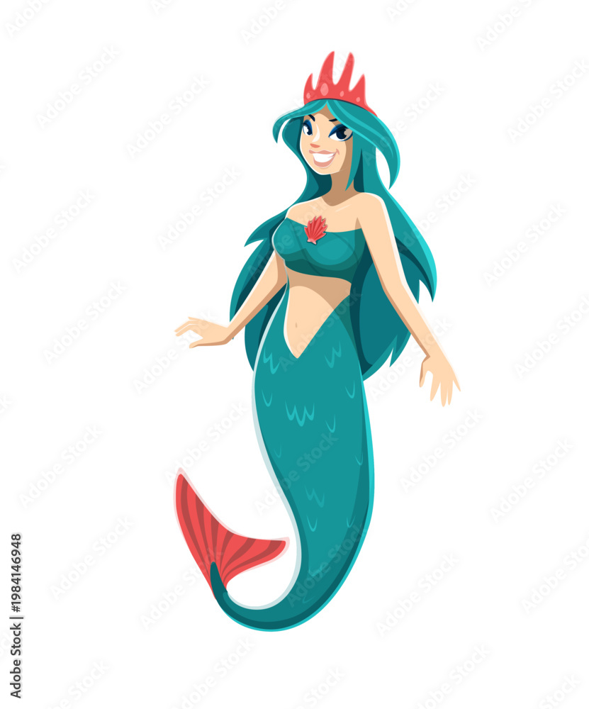Fototapeta premium Cartoon mermaid character. Adorable cute underwater sea princess with turquoise flowing hair, shimmering tail and smiling face. Isolated vector personage of magical or pirate adventure story or game