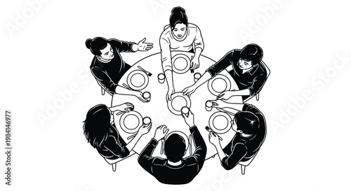 Overhead vector illustration of six diverse individuals collaboratively setting a round dining table for a shared meal or important group discussion.