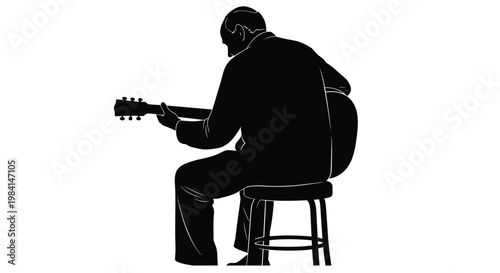 A vector illustration graphic of a musician playing an acoustic guitar while sitting on a stool, isolated on a white background, perfect for music-related projects.