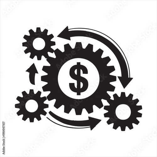 Gears mesh with dollar sign in center, representing financial system and economic process