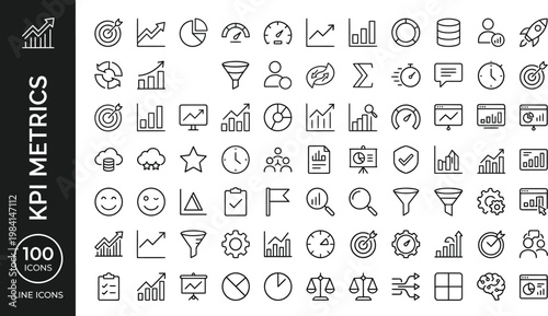 A collection of line icons representing various KPI metrics and business analytics tools AI, eps, png, jpg. transparent background.