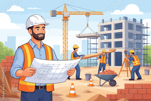 Engineer Supervising Building Construction Site and Industrial Development Flat Vector Illustration
