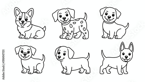Cute Puppy Breeds Line Art Set  Adorable Cartoon Dogs Outline Collection