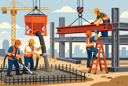 Builders Working on Construction Site with Engineering and Infrastructure Flat Design Vector Illustration