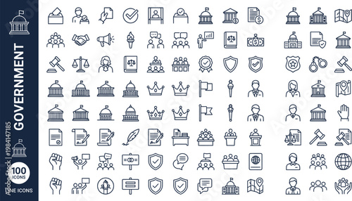 A collection of 100 line icons related to government and law on a white background. AI, eps, png, jpg. transparent background.