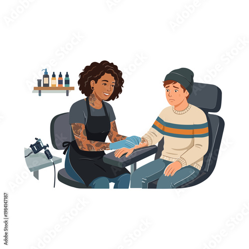 A tattoo artist with tattoos on her arm works on a man's sleeve while he sits in a chair.