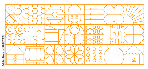 Honey apiary beekeeping abstract geometric pattern with linear bees, hives, honeycombs, flowers, beekeeper figure, honey drops and farm symbols. Vector retro background, apiary layout with yellow grid