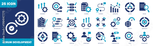 scrum development icon set collection in flat blue style. icon set consist of increment, sprint, backlog, planning, roadmap, burndown, scrum, review, task, and more.