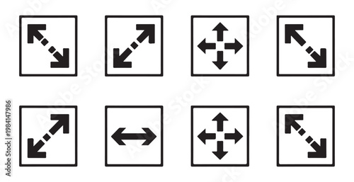 Set of black full screen arrows and diagonal resize icons isolated on transparent background.