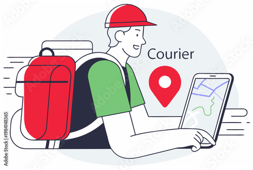 Smiling man courier with backpack looking at map on smartphone for quick delivery and last mile service. Flat outline vector illustration