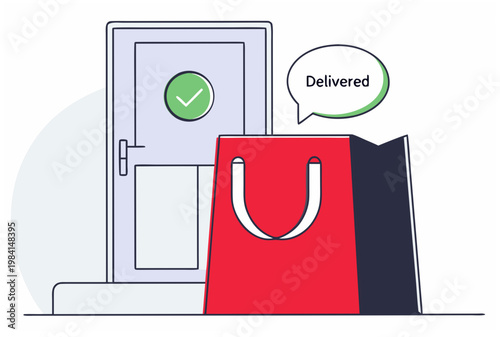 Delivered shopping bag at door concept. Last mile and quick delivery. Vector illustration for e-commerce, courier and postal service
