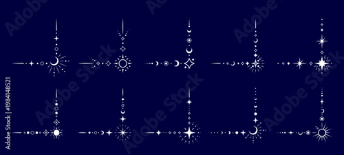 Esoteric magic celestial border corners and frame vector elements with stars, moon and sun gold ornaments. Astrology occult mystic golden line corners set for magic tarot frames, borders and dividers