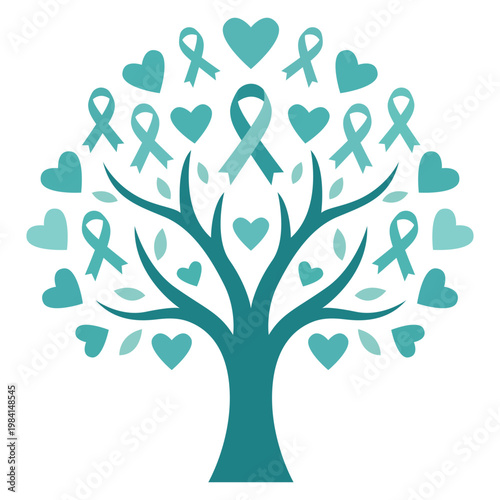 Ovarian Cancer Awareness Tree with Teal Ribbons and Hearts