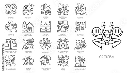 Family psychological problem icons of stress and anxiety of people couple, vector psychology line pictograms. Family psychological problem icons of husband and wife with child, divorce or cheating