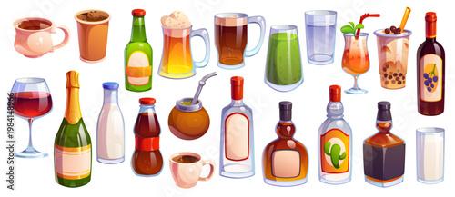 Cartoon drinks or alcohol beverages set. Foamy beer, water, wine and cocktail glass, bubble tea, rum, mate and coffee cup, whiskey or vodka bottle, tequila, milk and juice glass, smoothie, champagne