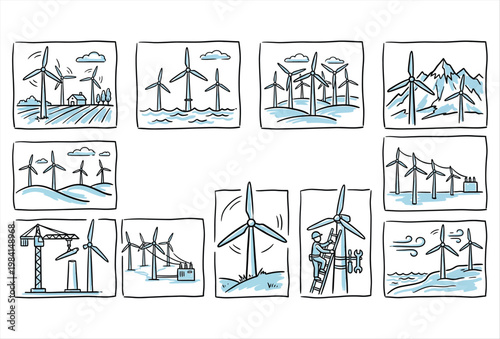 Wind Turbine Icons – Hand Drawn Green Energy Vector Set