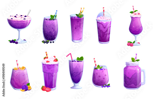 Purple smoothie and milkshake dessert drinks in cocktail, highball and mason jar glasses with straws, whipped cream, mint leaves and fresh blueberry, raspberry, strawberry and plums
