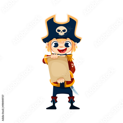 Cartoon kid boy corsair pirate character in carnival party costume holding treasure map. Isolated vector child buccaneer personage searching hidden riches on secret island. Baby boy rover freebooter