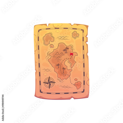 Pirate map of treasures on island of Caribbean corsairs, cartoon vector icon. Pirate treasure map on old paper parchment papyrus with sailing way to secret place in sea or ocean island for pirate icon