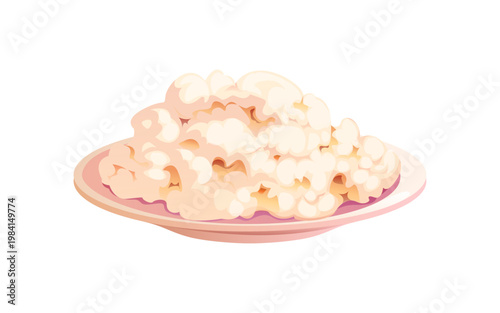 Cottage cheese curd dairy food ingredient. Cartoon vector creamy soft lump of fresh milk product served on plate. Natural healthy protein rich nutrition for breakfast snack or homemade cuisine cooking