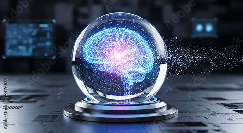 Brain in sphere with digital network