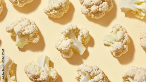 Fresh cauliflower florets casually arranged on a warm cream surface, showcasing natural texture and healthy organic vibe