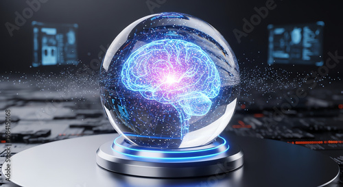 Brain in crystal sphere with digital network