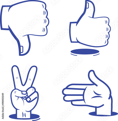 Set of hand gestures icons with thumbs up down and peace sign