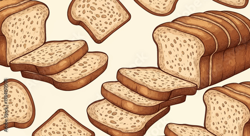 Hand-drawn vintage style illustration of sliced bread and whole loaves with detailed crust and crumb textures, featuring artistic cross-hatching and earthy tones on a neutral background.