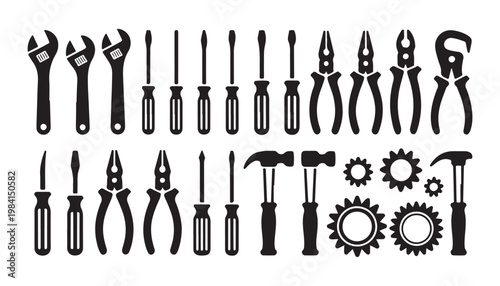 Industrial workshop tool silhouettes set including adjustable wrenches screwdrivers pliers and hammer.