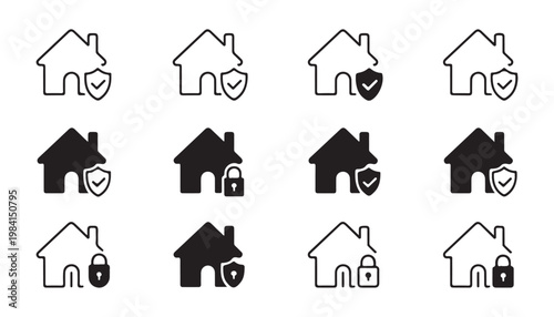 Home security icons collection with shield, lock and checkmark symbols protecting houses for safety and insurance.