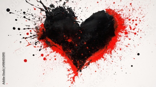 A dynamic abstract heart shape bursts with splattered black and red ink, conveying passion and pain through bold contras