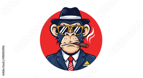 Cartoon monkey in suit and hat with sunglasses and cigar against red background