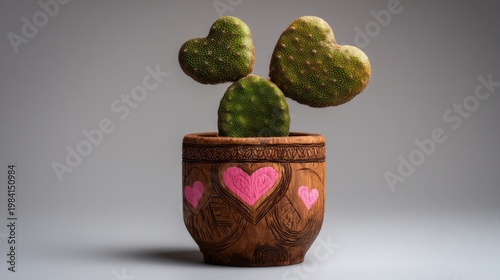 A decorative wooden flowerpot with a unique heart-shaped cactus, featuring carved pink hearts and natural textures, set