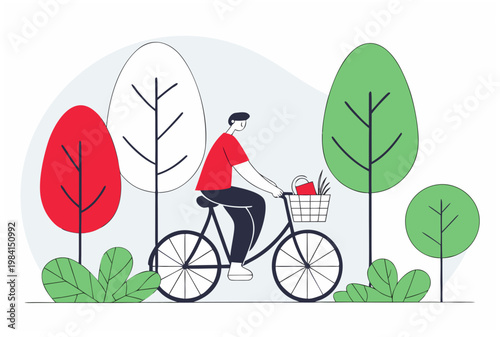 Man riding bicycle with basket full of greenery in park. Eco friendly fulfillment and sustainable lifestyle. Vector illustration for banner, poster