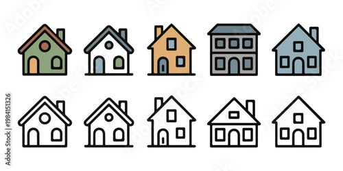Photos Set of colorful house icons in various architectural styles including cottage barn and townhome art