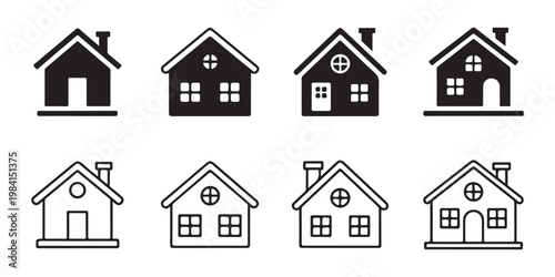 Residential house icon collection featuring solid and outline versions of simple home building style.