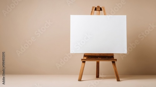 A minimalist wooden easel holds a pristine white canvas against a plain beige background, with soft shadows enhancing th