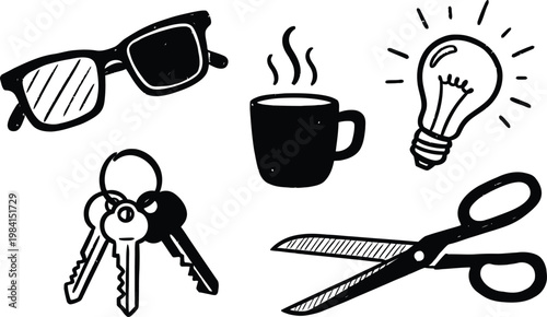 Creative inspiration concept with glasses, coffee, lightbulb, keys, and scissors in friendly illustration style