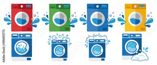 Washing Machine - Front loading washer with water splashes and bubbles  Flat Vector Illustration on Transparent Background