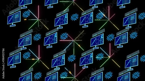 peer to peer network connection simulation of virus covid 19 on monitor digital technology to reseach about mutation