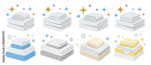 Clean Scent - Sparkling stars around a stack of fresh white linens  Flat Vector Illustration on Transparent Background